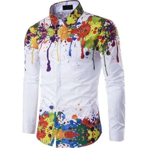 Hot Sale High Quality Fashion 3D Splash Paint Print Slim Fit Shirts Mens Luxury Long Sleeve Casual Dress Shirts Top M-3XL
