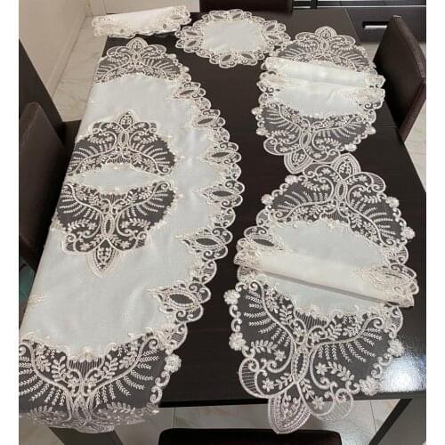 5 Parça Salon Takımı Linen Kumaş Fransız Dantelli