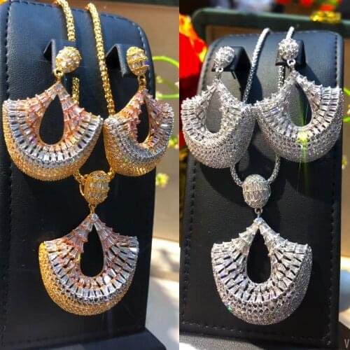 Missvikki 2PCS Fashion Luxury Dubai Bridal Wedding Charms Big Pendant Earrings Necklace Jewelry Set Super CZ New Design Jewelry