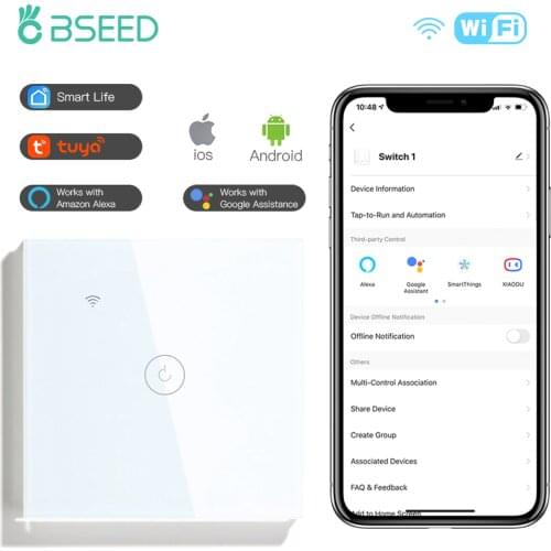 BSEED WIFI Light Switches 1/2Gang 1/2/3/4Way Tuya Touch Switch Wireless Control Smart Wall Switches Google Alexa Smart Life APP