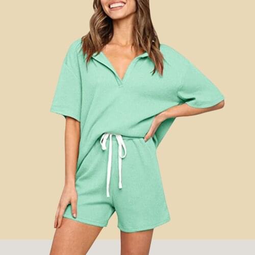 2021 New Fashion Womens Two Piece Set Fresh Deep V-neck Loose Solid Blosue Top + Elastic Waist Shorts Suit #T3G
