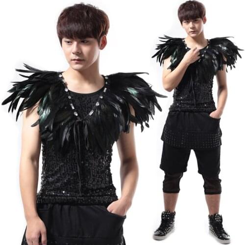 New Stage Costume NightClub Men Feather Costume Shoulder Rave Clothes GoGo Dance Costume Stage Clothes For Singers Men BL2181