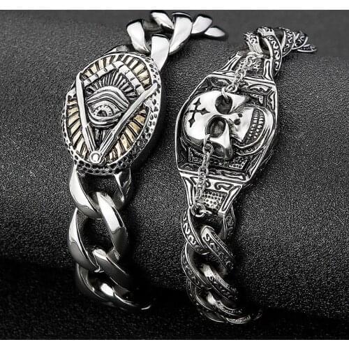 European and American retro vintage creative personality stainless steel titanium skull totem mens bracelet