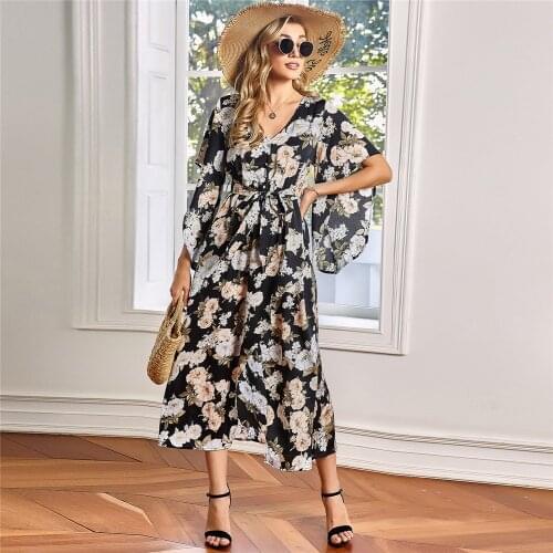 Summer 2021 Floral Dresses Flare Sleeve V Neck Split Midi Long Dress Sashes High Waist Button A Line Dress Holiday Casual
