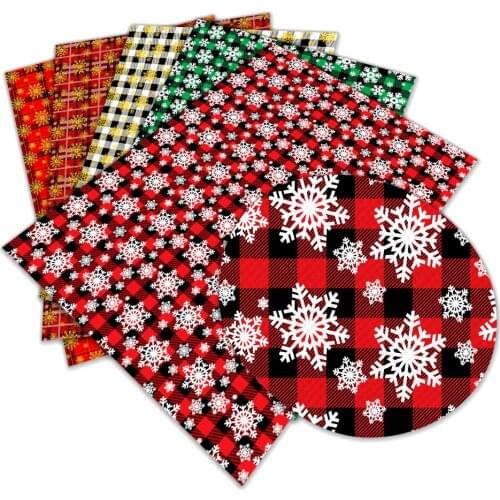 Christmas Snowflake Plaid Pattern Artificial Leather Cross Pattern DIY Sewing Material 22x30cm