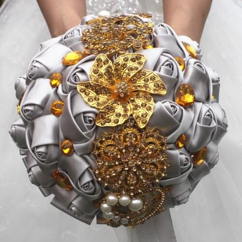 Handmade Vintage Bridal Bridemaids Bouquet Silver Satin Rose Flowers Golden Rhinestone Brooch Wedding Bouquets Floral Decorative