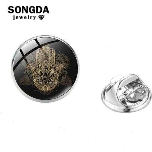 SONGDA Brand Fatima Hand Print Lapel Pins Turkish Evil Eye Painted Picture Glass Cabochon Stainless Steel Pin Collar Accessories