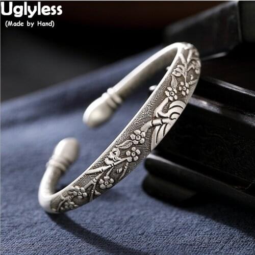 Uglyless Real Silver Plum Blossom Bangles for Women Vintage Fine Jewelry Solid 99.9% Full Silver Six-word Buddhism Gifts Bangles