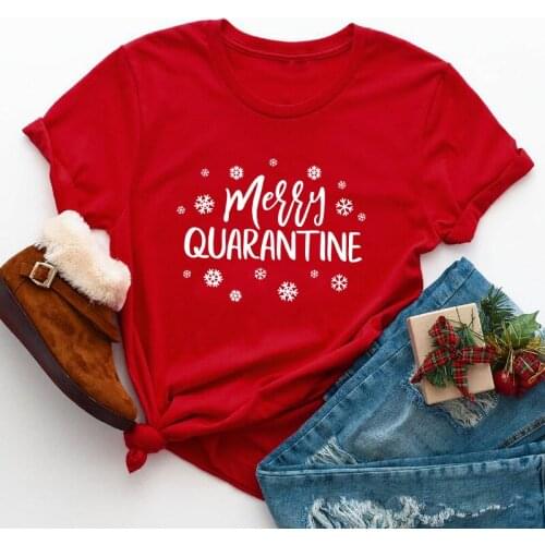 Merry Quarantine 100% Cotton T-shirt Funny 2020 Christmas Tshirt Winter Women Short Sleeve Holiday Party Top Tee Shirt