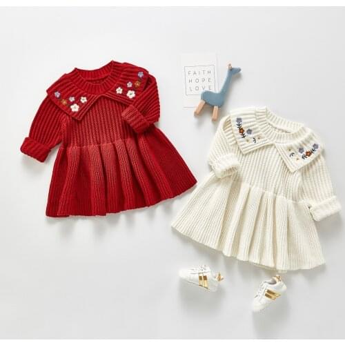 Knitted Baby Dress Long Sleeve Spring Girls Clothes Embroidered Infant Sweater Dress For Girls Todder Baby Dress Cotton Princess