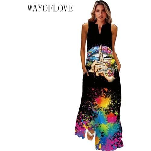 WAYOFLOVE Sexy Mouth Print Black Dress 2021 Elegant Casual Plus Size Long Dresses Summer Woman Sleeveless Girl Beach Dress Women