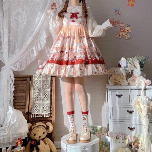 Japanese Kawaii Lolita *Honey Disappearing Incident*Bear Cute Printing Cosplay Sleeveless JSK Dress Bow Princess Dress