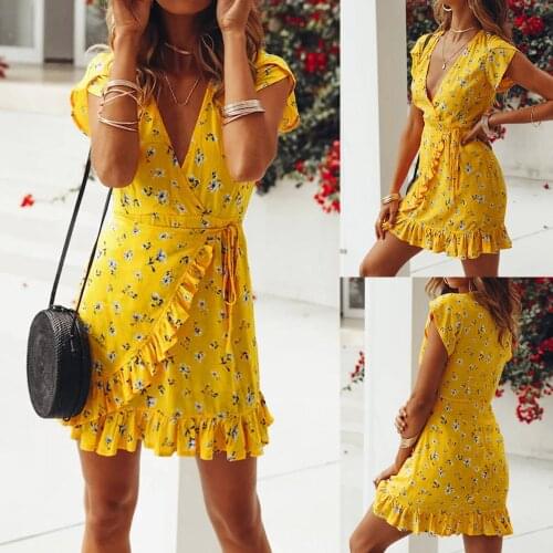 Women Dresses Summer 2020 Sexy V Neck Floral Printed Boho Beach Dress Ruffle Short Sleeve A Line Mini Dress Sundress Robe