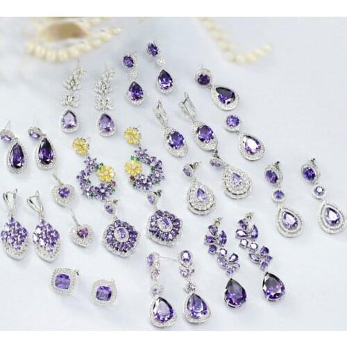 ThreeGraces Romantic Cubic Zirconia Purple Crystal Women Long Big Statement Square Flower Dangle Teardrop Earrings Jewelry ER300