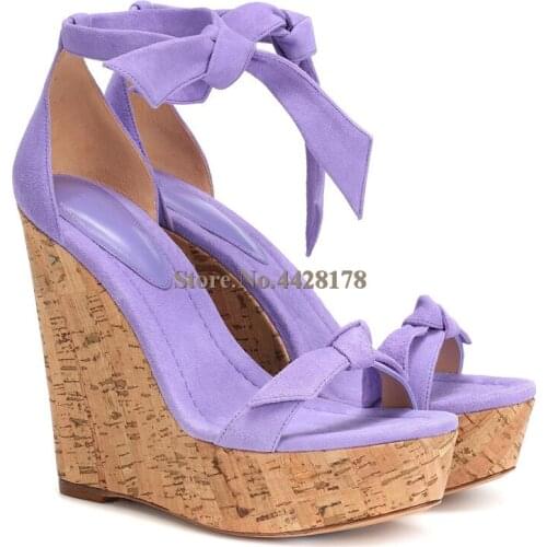 NEW Summer Purple Suede Wedges Sandals Women Lace Up Bowknot Wedge High Heel Shoes Woman Ankle Strap Ladies Sandalias Mujer 2020