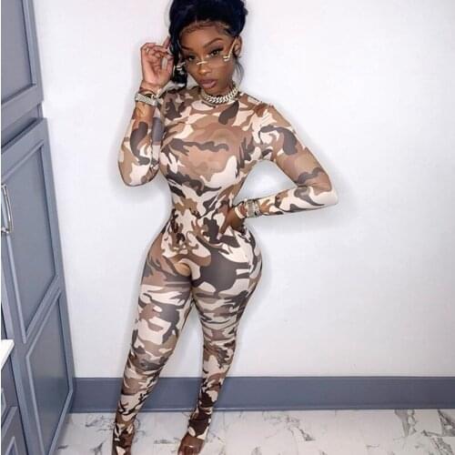 Amalyur Camouflage Print Bodycon Jumpsuit Women Streetwear Slit Pants Long Sleeve Jumpsuit Party Club Rompers Womens Jumpsuit
