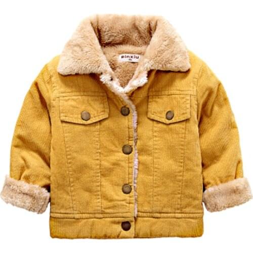 2-6Y Kids Casual Brown Corduroy Coat Autumn Winter Plus Velvet Jacket Boys Warm Thick Turn-down Collar Outwear Long Sleeve Coat
