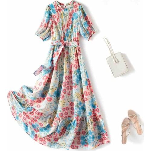 2021 Summer New Style Sweet Casual Plus Size Short Sleeve Floral Pleated Chiffon A Line Dress for Woman