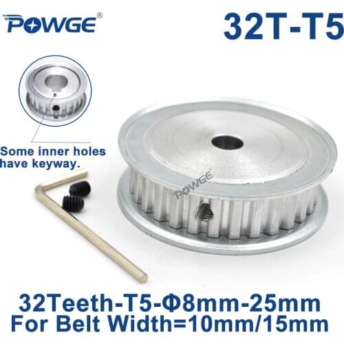 POWGE 32 Teeth T5 Timing Synchronous pulley Bore 8/10/12/14/15/19/20/22/25mm for belt width 10/15mm 32-T5-15 AF Gear 32teeth 32T