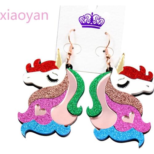 1pair)55mm Acrylic Unicorn Dangle Earring Glitter Rainbow Unicorn Earrings Laser Cutout-HP035