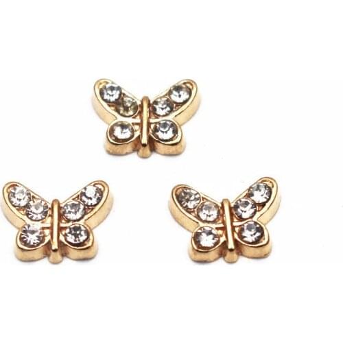 20Pcs/Lot Gold Color Rhinestone Butterfly Alloy Floating Charms Hand-made DIY for Glass Lockets