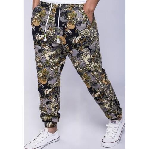 2021 Mens Printed Cotton and Linen Loose Lace-up Elastic Trousers