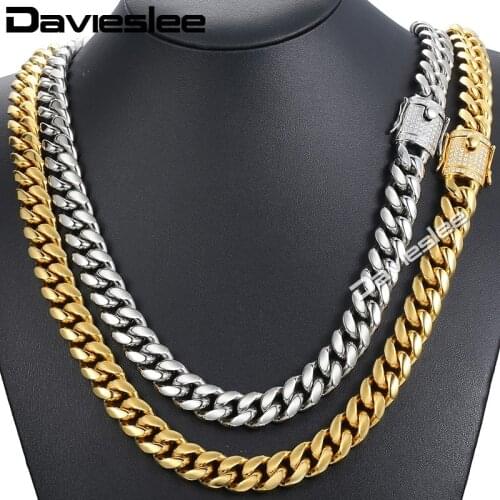 Davieslee Miami Curb Mens Necklace Chain Iced Out Cubic Zirconia CZ 316L Stainless Steel Gold Silver Color 12/14mm 30inch DHNM21