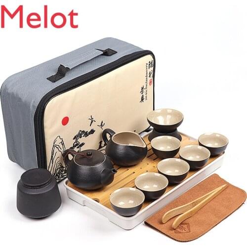 Black Porcelain Travel Tea Set Portable Japanese Simple Home with Tea Tray Teapot Full Set Tea Table Retro Style Ceramic