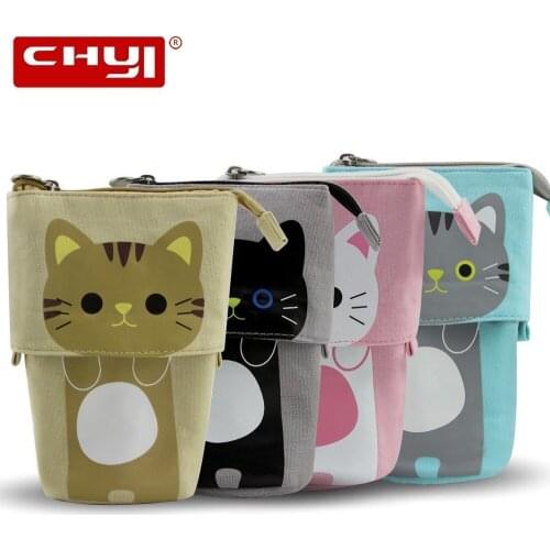 CHYI Cartoon Multifunction Pencil Bags Cute Cat Foldable School Tool Pencilcase Canvas Fabric Lovely Pencil Pouch With Zipper
