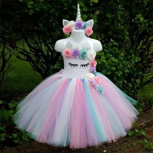 Cute Baby Unicorn Flower Tutu Dress Girls Crochet Pastel Tulle Dress with Hairbow Kids Birthday Party Costume Cosplay Dresses