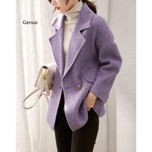 Elegant Loose Sash Korean Style Solid coats Women Purple Chic Trendy Popular Double Breasted Winter Warm College Students Lady