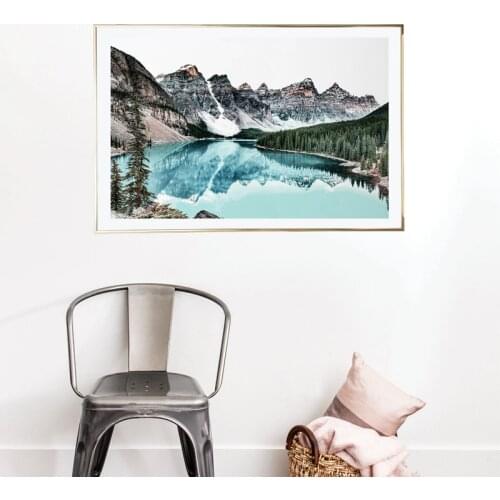 Mountain Landscape Print Teal Nordic Wall Art Canvas Painting Poster Water Reflection Nature Photography Wall Picture Home Decor