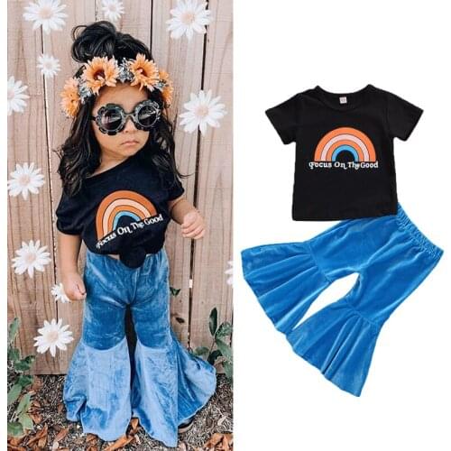 1-5Y Summer Fashion Infant Baby Girls Clothes Sets Rainbow Print Short Sleeve T Shirts Long Flare Pants