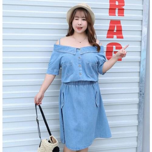 Summer Denim Dress Korean Slash Neck Suspenders Dress Woman Denim Dresses Ladies Plus Size Denim Dress Large Size Women Clothing