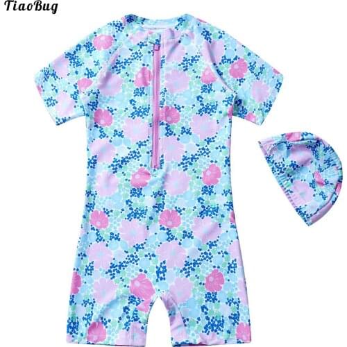 TiaoBug Summer 2Pcs Kids Girls Floral Print Swimwear Stand Collar Short Sleeves Front Zipper Swimming Shorts Jumpsuit With Cap