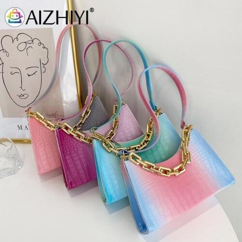 Fashion Women PU Leather Gradient Color Alligator Pattern Shoulder Underarm Bag Casual Ladies Thick Chain Handbags Purse