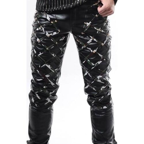 Stage men leather pants casual pant men feet trousers personality singer dance rock fashion pantalon homme punk rivets novelty