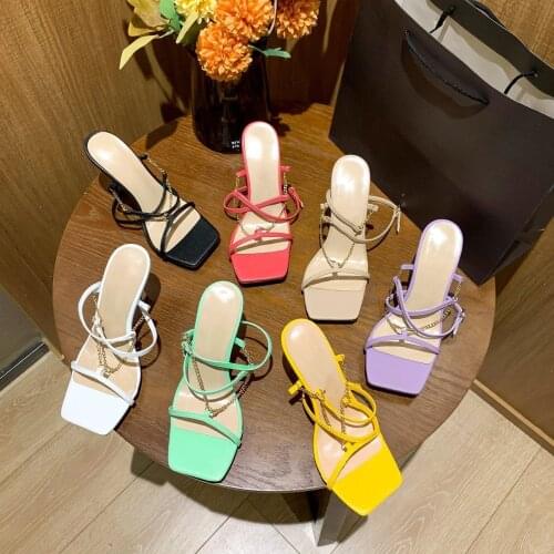 2021 Spring and Summer New High Heels Womens Chain Square Head One Line Buckle Roman Open Toe Thin Heel Sandals Womens Shoes