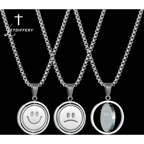 Letdiffery Cute Smiley Face Pendant Never Fade Stainless Steel Rotatable Face Women Necklace for Birthday Gifts