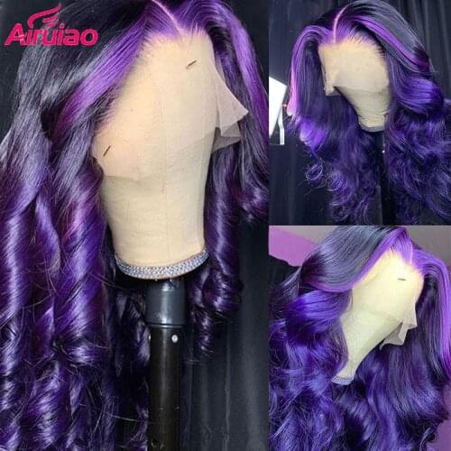 Dark Purple Highlight Wig HD Transparent Lace Front Preplucked Body Wave Ombre Colored Wigs For Women Human Hair Full