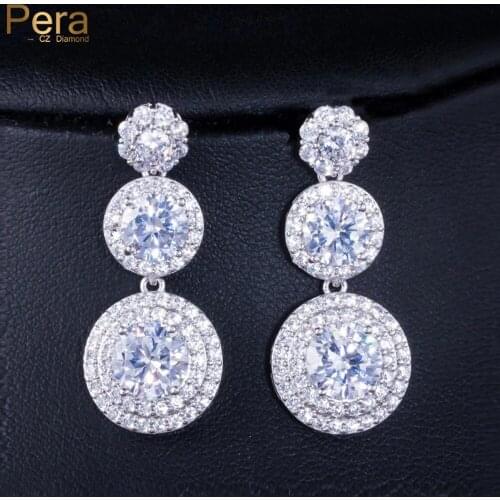 Pera 3 Round Drop Shape Full Shinning AAA+ Cubic Zirconia Long Dangle Silver Color Earrings for Women Brilliant Party Gift E204