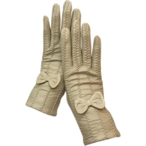 Gloves winter ladies sheepskin light beige gloves leather fashion warmth beautiful free shipping leather bow driving riding 2021