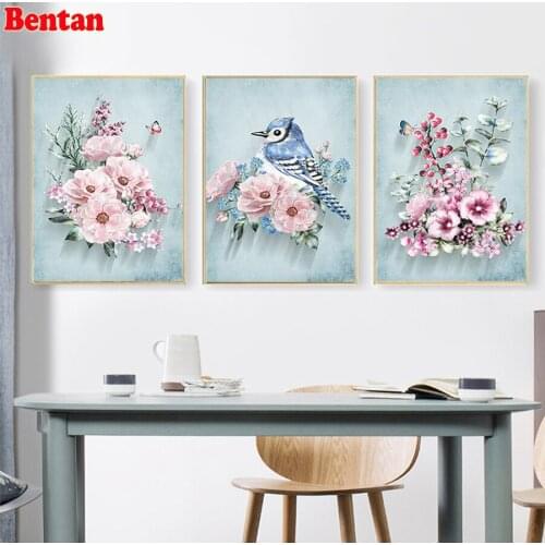 Full Square/Round DIY Diamond Painting Cross Stitch Peony Flower Bird Diamond Embroidery Mosaic Rhinestone Decoration 3 pieces