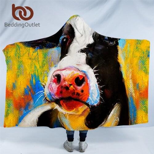 BeddingOutlet Milk Cow Hooded Blanket Microfiber Soft Sherpa Blanket Pastel Painting Wearable Throw Blanket Farm Animal Bedding