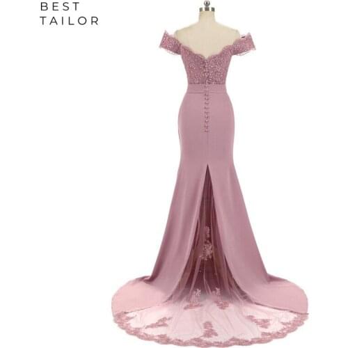 Dusty Red Evening Dresses Off the Shoulder Satin Lace Train Buttons Bridesmaid Gowns vestidos de fiesta de noche robe de soiree