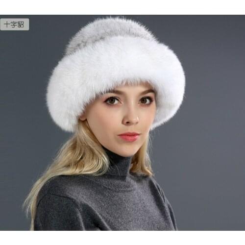 100% Real Handmade Knit Mink skin fur Hat Whole skin with Fox Fur edge Top hat womens Basin cap