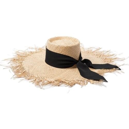 Classical Women Fringed Wide Brim Straw Hat Black Wide Ribbon Bowknot Raffia Sun Hat Ladies Travel Beach Hat Summer Bucket Hat