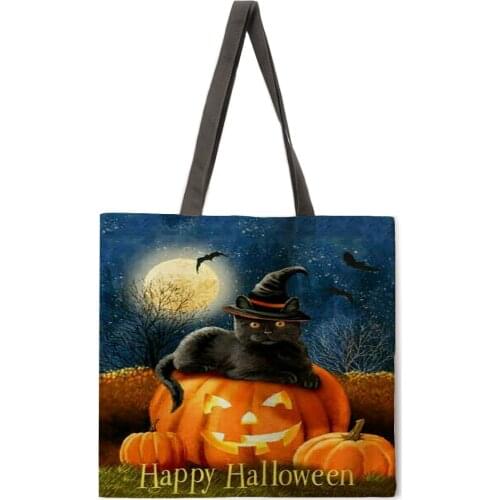 Halloween and cat print tote bag tote bag casual tote bag shoulder bag female beach bag foldable shopping bag