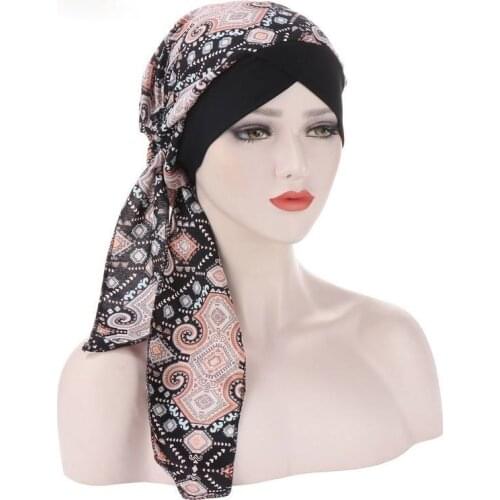 Trendy chiffon printed flowers women inner hijabs cap muslim head scarf turban hat ready to wear ladies wrap under hijab bonnet