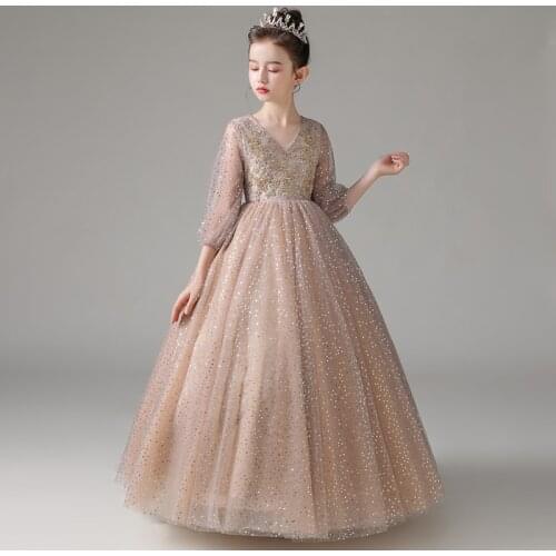 Girls Party Dresses Elegant 2021Luxury Appliques Flowers Model Show princess Dresses Children Kids Evening Party Birthday Dress